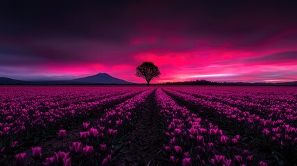 Obraz premium Vast field of vibrant magenta blossoms stretches toward a silhouetted peak beneath a dramatic twilight sky.