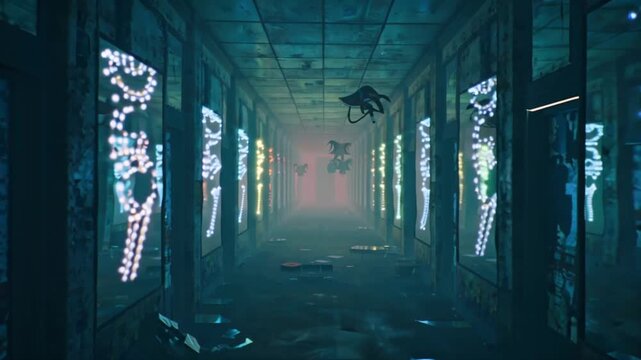 4K cinematic video, abandoned funhouse corridor, warped mirrors reflecting distorted images, rusty ride pieces scattered, floating carnival props, shadowy clowns fading in out narrow passage, eerie