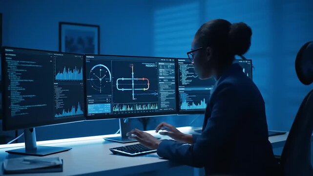 Dedicated female programmer or cybersecurity expert analyzing complex algorithms and data visualizations on multiple computer monitors in a futuristic, dimly lit server environment