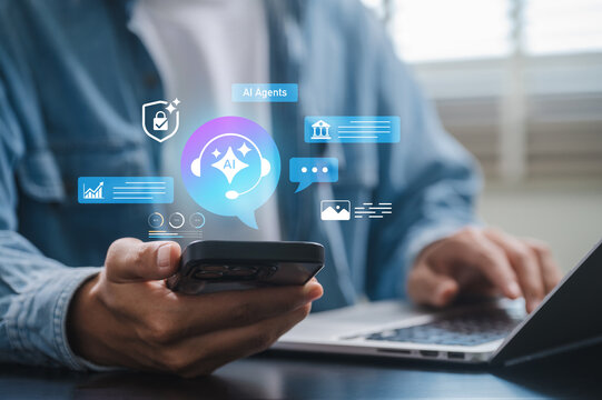 AI Agent and Assistant concept. Man using smartphone and laptop with ai assistant interface and virtual chatbot icon for digital automation and intelligent technology communication