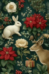 Fototapeta premium Winter forest scene with a white rabbit, deer, poinsettias, berries, and a wrapped gift