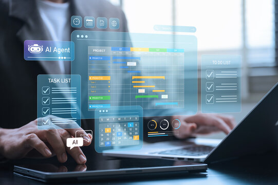 AI assistant project planning and task automation. Project manager using ai agent for task scheduling, planning, workflow execution and productivity tracking with of calendar, gantt chart on laptop