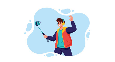 Obraz premium Young man wearing headphones and a bright vest is smiling while taking a selfie with a smartphone mounted on a long black selfie stick.