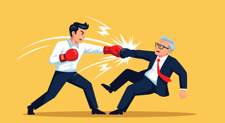 Fototapeta premium Young man in a white shirt and an older businessman in a suit are engaged in a boxing match on a solid yellow background with impact sparks.