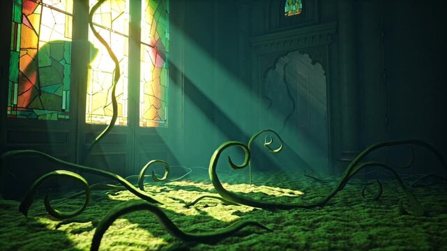 4K cinematic surreal indoor garden, sunlight piercing cracked stained glass vibrant prism light patterns moss-covered ground animated crawling vines twisting organically transparent dreamlike horror