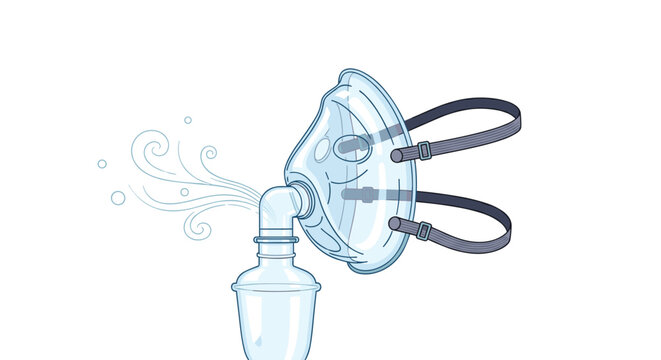 Medical nebulizer mask for inhalation therapy is depicted with a clear plastic design, adjustable straps, and a fine mist of medicine.