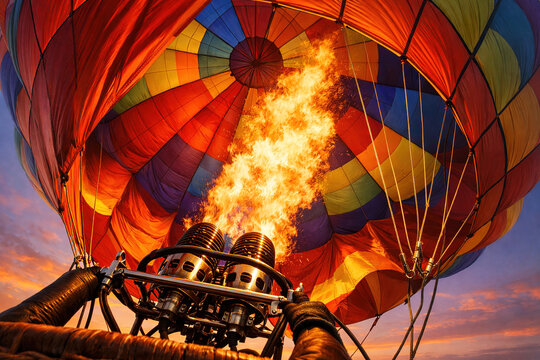 Intense Fire Heats Colorful Hot Air Balloon Against a Sunset Sky