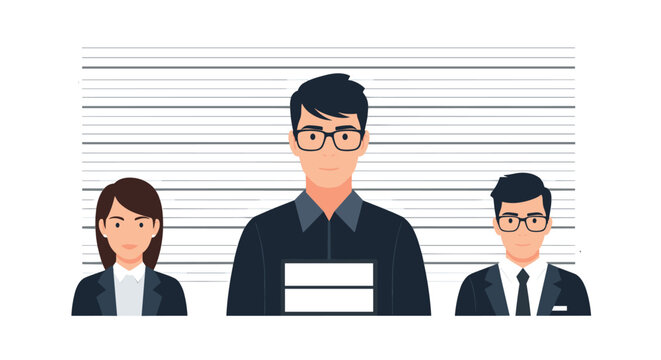 Police lineup with three people, two men and one woman, standing against a height measurement chart background for suspects.