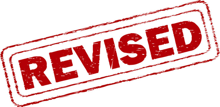 Red revised stamp on white background for document editing