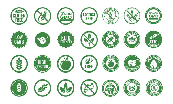 Comprehensive Keto Diet Icons Set and Green Organic Food Quality Labels