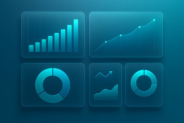 A collection of blue infographic elements on a blue background with various charts and graphs