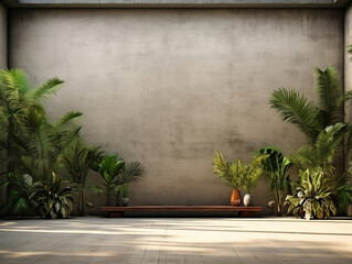 Minimalist luxury interior featuring blank concrete wall and palm trees