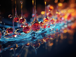 Cosmetic product concept featuring liquid bubbles, molecules, and DNA water splash