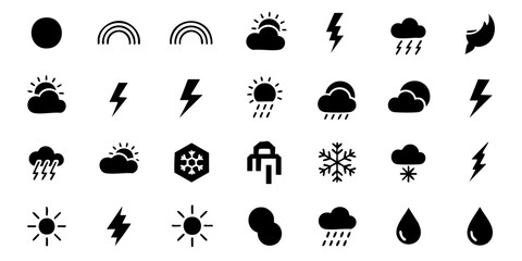 Fototapeta premium Collection of weather icons depicting various conditions and elements on a clean background from a straightforward viewpoint