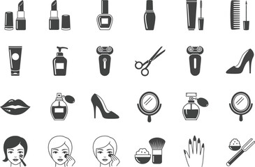 Monochromatic icons for beauty and personal care, featuring makeup, shoes, and facial illustrations.