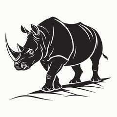 Fototapeta premium Black and white illustration of a rhino standing on a ground with a pure