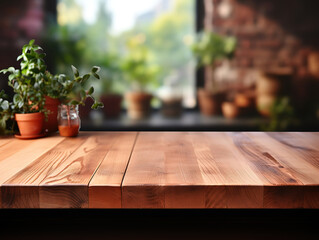 Beautiful wood table top with a clean and bright kitchen backdrop for product presentation