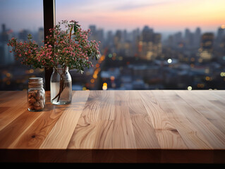 Wood table surface in clean, bright kitchen with blurred interior for product display