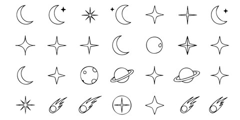 Fototapeta premium Collection of celestial body illustrations, including moons, stars, and planets, displayed in a grid layout on a clean background from a straightforward viewpoint