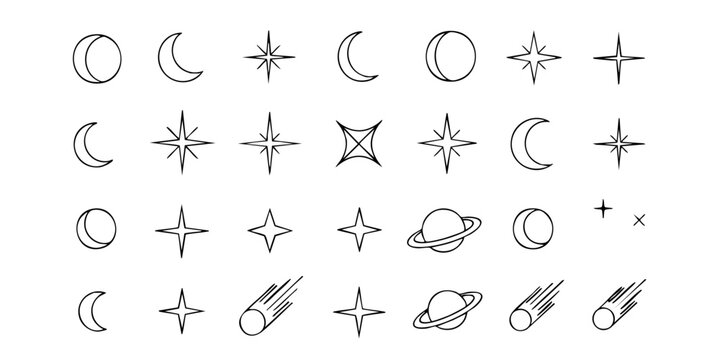 Collection of celestial body illustrations featuring moon, star, planet, comet, and sun icons in a simple line art style