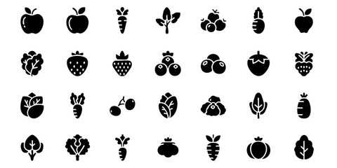 Obraz premium A collection of various fruits depicted in black silhouettes against a plain background, showcasing diverse shapes and types in a grid layout from a direct viewpoint