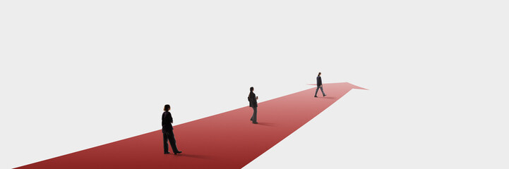 Obraz premium Minimal composition professionals moving forward on red arrow path. Concept of team alignment, business movement, leadership influence, shared goals and structured organizational growth. Banner