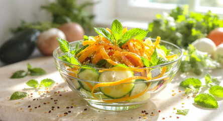 Fresh vegetable salad in a glass bowl on kitchen table with herbs