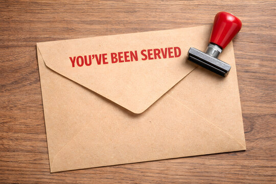 Legal notice envelope stamped youve been served with rubber stamp on wooden desk, lawsuit notification concept, official court document delivery, litigation paperwork, judicial warning message, attorn