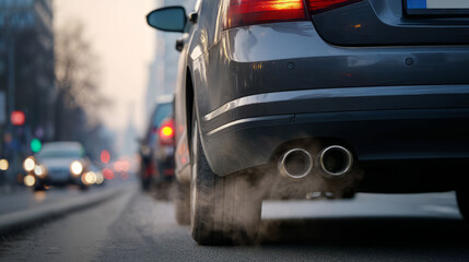 Naklejka premium Car exhaust pipe emitting smoke into the urban street. Environmental pollution from gas engine. Climate change and air quality problem concept.