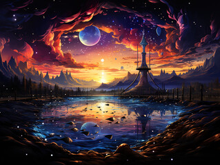 Stylish A fantastical scene with a large clock tower in the middle