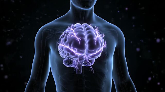 Animated Human Body with Glowing Brain and Neural Network in Dark Blue Background for Medical Purposes and Scientific