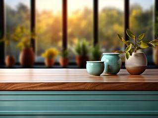 Blurry modern kitchen interior with clear table top for product presentation