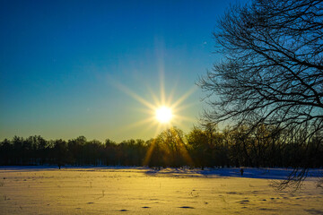 Golden Sunburst over a Snowy Winter Landscape
