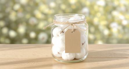 A glass jar of cotton balls on a wooden table with a blurred background