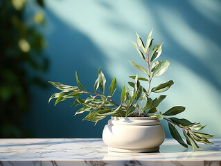 Soft light backdrop with blurred foliage shadow on a marble floor