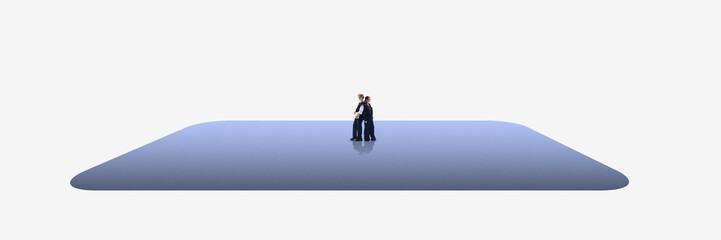 Fototapeta premium Conceptual composition corporate team standing on blue platform. Concept of teamwork balance, shared responsibility, leadership presence, collaboration and organizational stability.