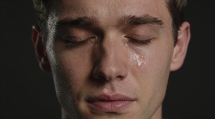 Obraz premium Close-up portrait of a young man with closed eyes and a single tear rolling down his cheek