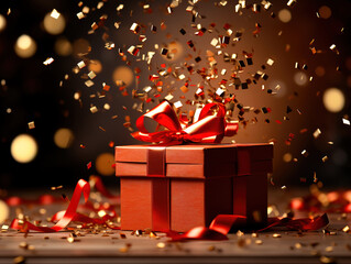 Dynamic Red gift with gold confetti in the air
