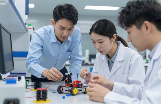 Asian STEM Education Collaboration: Engineering Students Working on Robotics Project in Modern Laboratory
