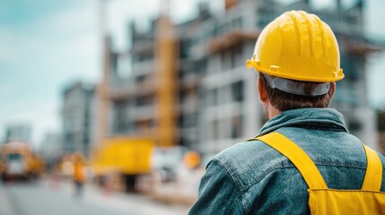 Construction worker in yellow hard hat and denim overalls surveys a busy building site