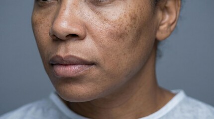 Obraz premium Close up portrait of an adult woman with visible dark skin pigmentation showing areas of uneven tone against a muted background.
