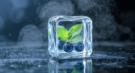 A refreshing ice cube with blueberries and mint leaves isolated on a dark surface