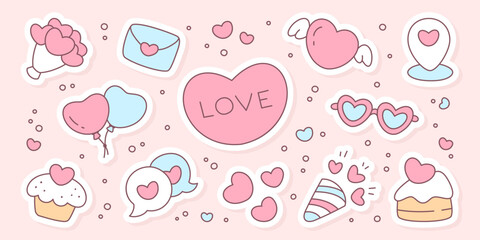 Kawaii St. Valentine day sticker set. Cute illustrations featuring hearts, flowers, envelope, balloons, sweets, party popper, location pin, and pastel love themed elements for romantic designs. 