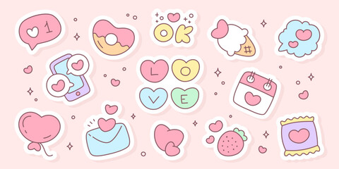 Kawaii St. Valentine day sticker set. Adorable illustrations featuring hearts, love messages, sweets, and cute elements in soft pastel colors for romantic designs.