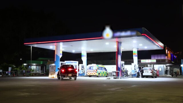 Time lapse of gas station, car refuel the energy