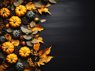 Top view of Thanksgiving decoration with pumpkin and autumn leaves