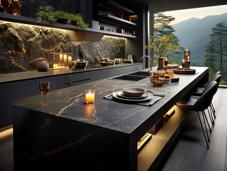 A modern kitchen featuring a sleek black marble island