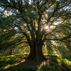 Naklejka premium Sun-Kissed Ancient Tree: Forest Canopy and Golden Light