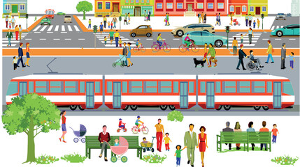 Stadtsilhouette mit Strassenbahn, Autos, Stadt-Bewohner im Wohnviertel.Illustration