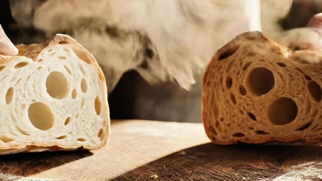 Person breaking a loaf of freshly baked bread into two halves with hands